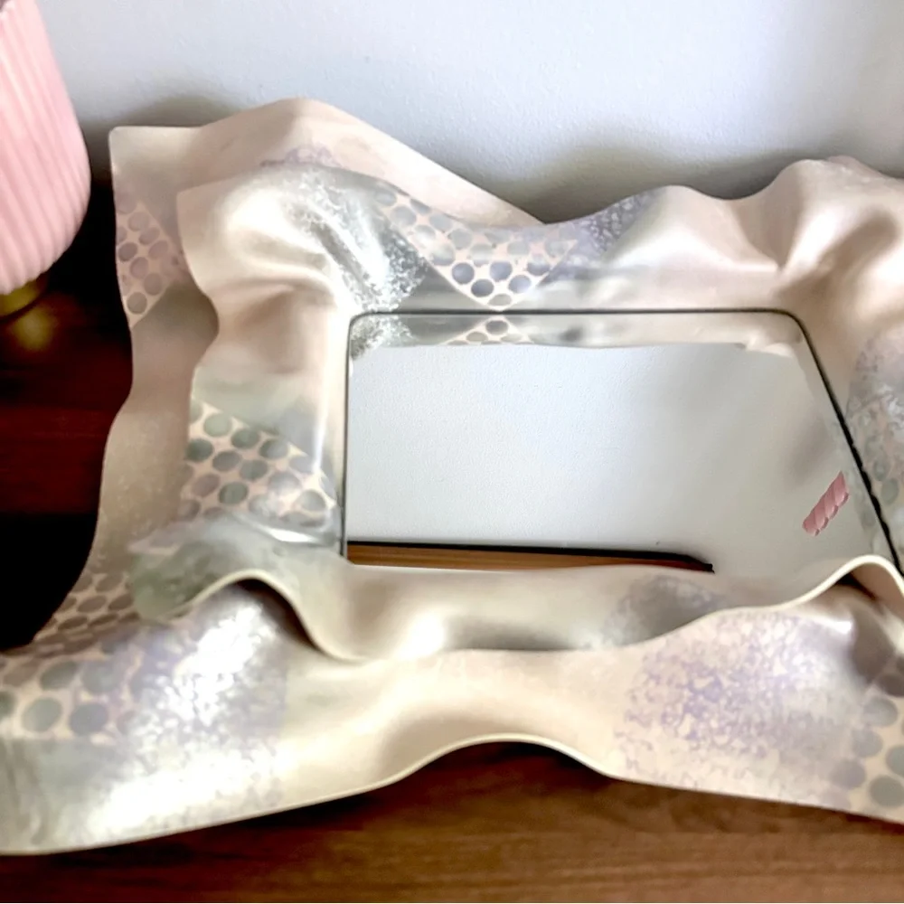 Vintage 80’s Sculptural Mirror Wall Hanging Pink Purple Silver Polka Dot 19x15”